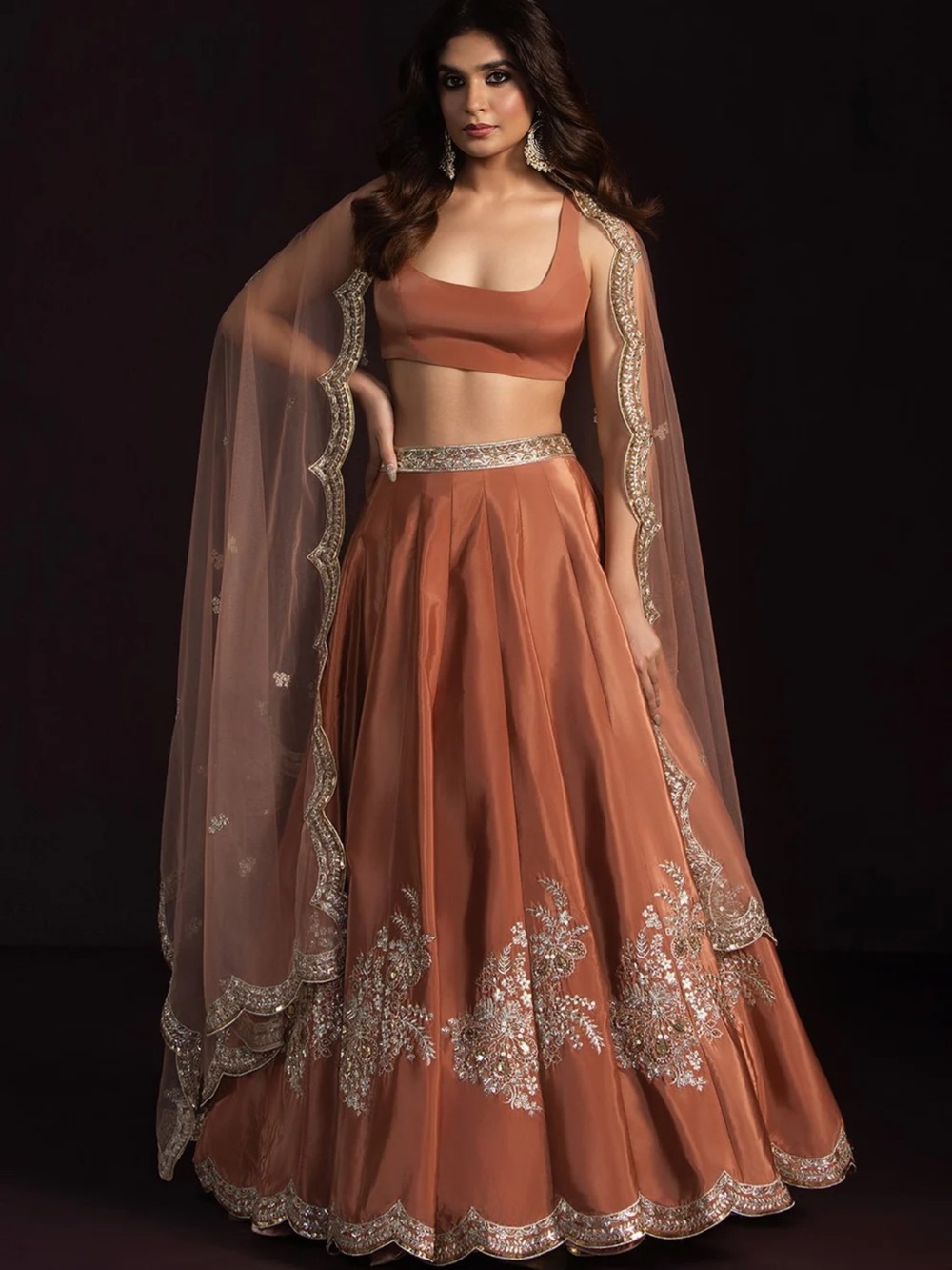 Embroidered Rust Brown A-Line Lehenga